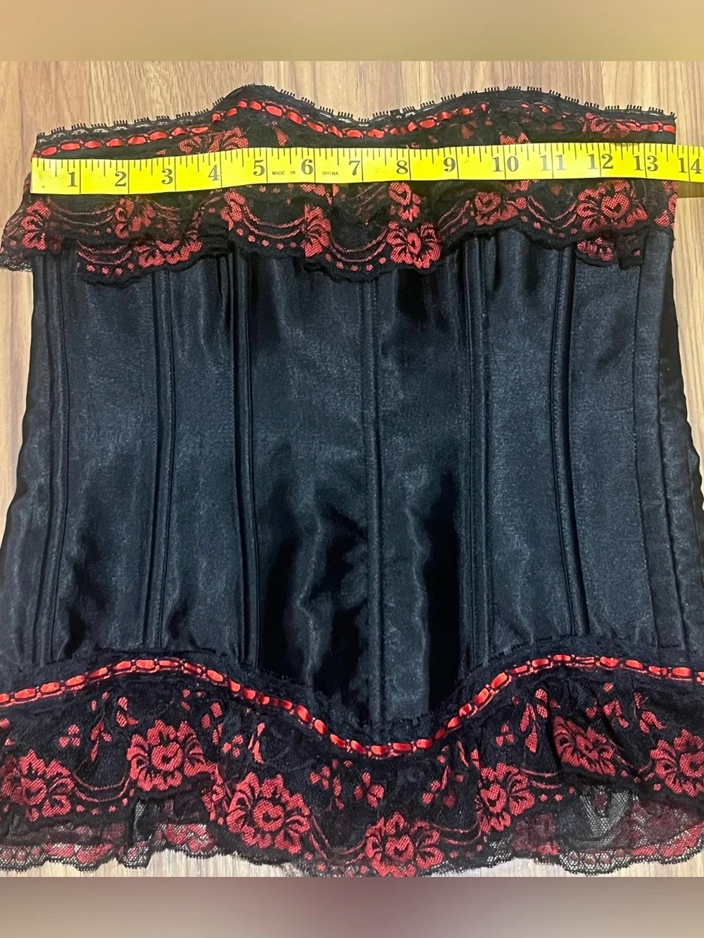 Y2K Gothic Grunge Black Satin Corset Top with Red Ruffle Lace Trim Size M
